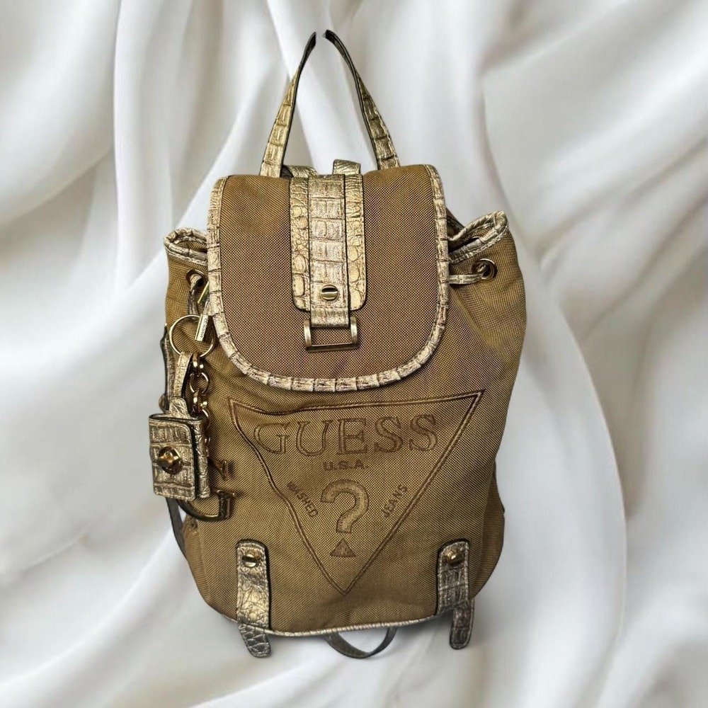 Y2K vintage GUESS drawstring fashion backpack featuring photo book keychain‎